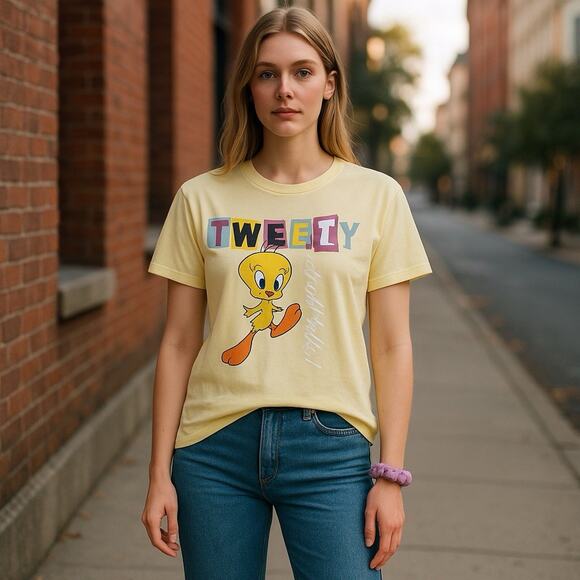 Looney Tunes Tweety Bird T-Shirt Crew Neck Yellow Juniors Size 7-9 Medium - Picture 8 of 8